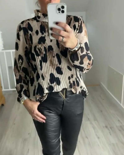 Casual printed stand-up collar long sleeve pleated blouse blouses & shirts spring summer