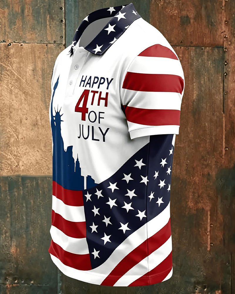 Stars And Stripes Print Lapel Button T-Shirt