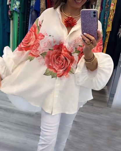 Long-sleeved rose print shirt blouses & shirts spring summer