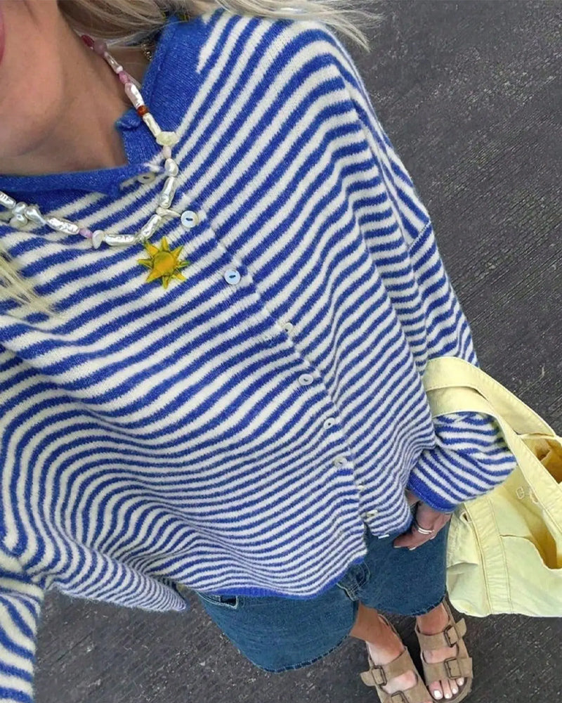 Crew Neck Button Front Striped Pullover 2024 f/w pullover