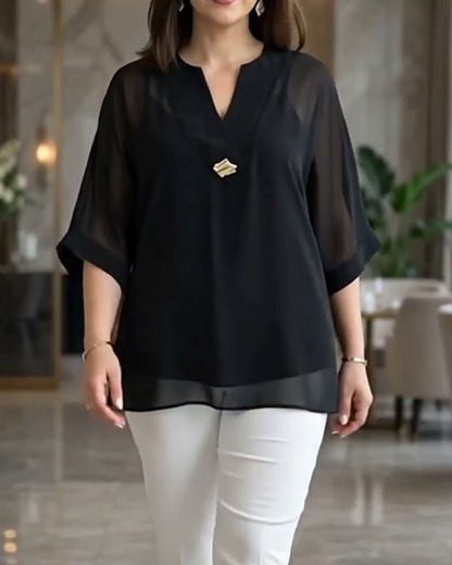 V-Neck See-Through Gauze Loose Blouse
