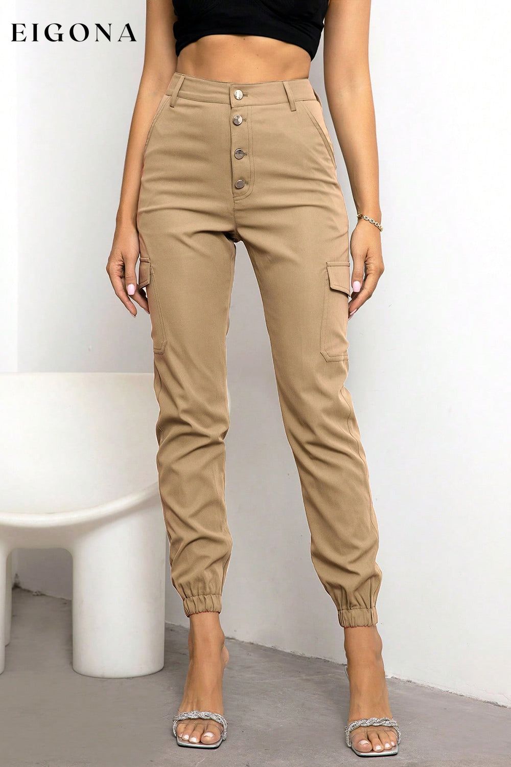 Button Fly Cargo Pants Tan bottoms clothes pants Ringing-N Ship From Overseas