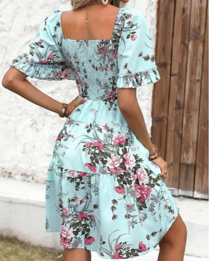 Square Neck Floral Waist A-Line Dress