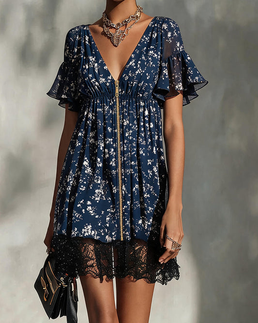 Floral V-Neck Zip Lace Dress casual dresses spring summer