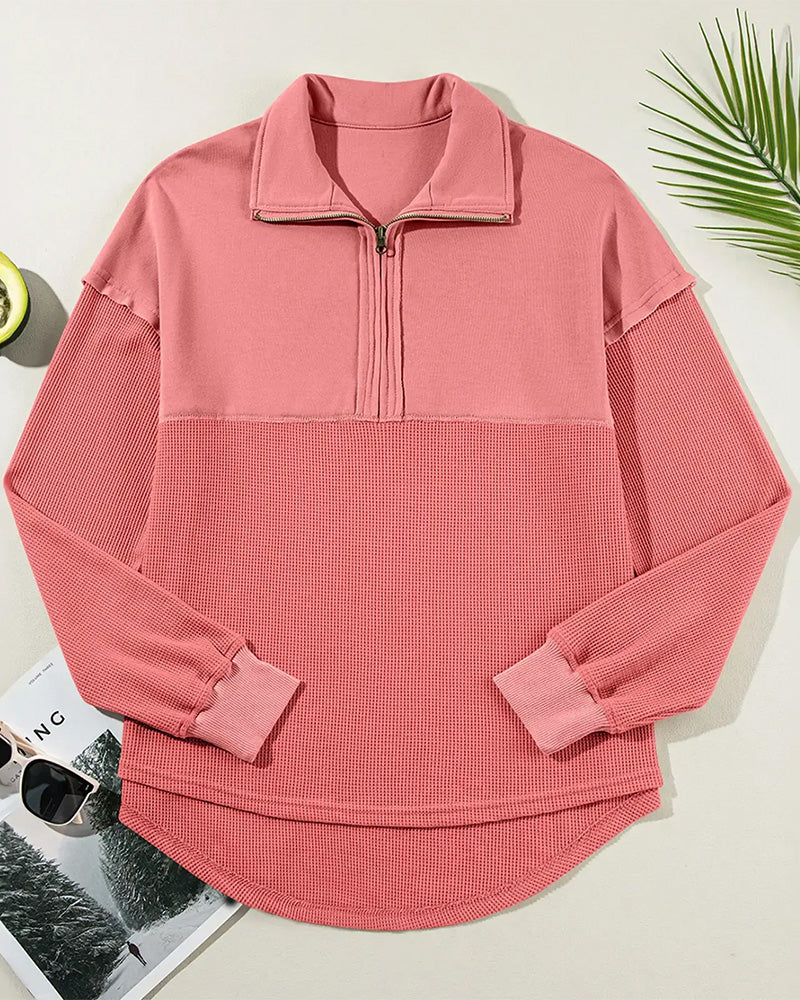 Half Zip Waffle Patchwork Sweatshirt