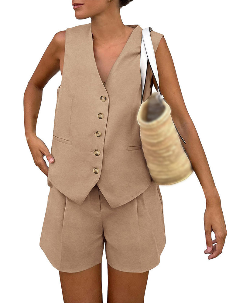 V-Neck Single-Breasted Tank Top Short Set