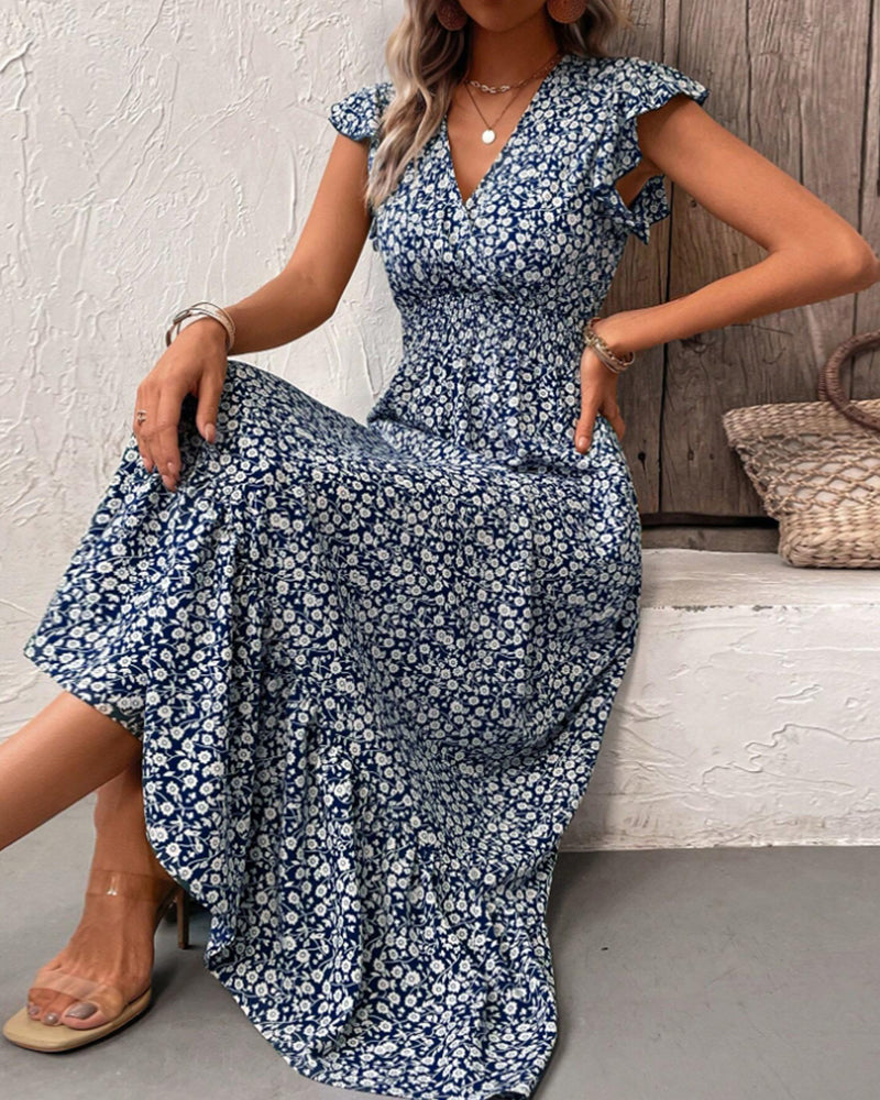 Floral print V-neck ruffled waist maxi dress casual dresses summer vacation dresses