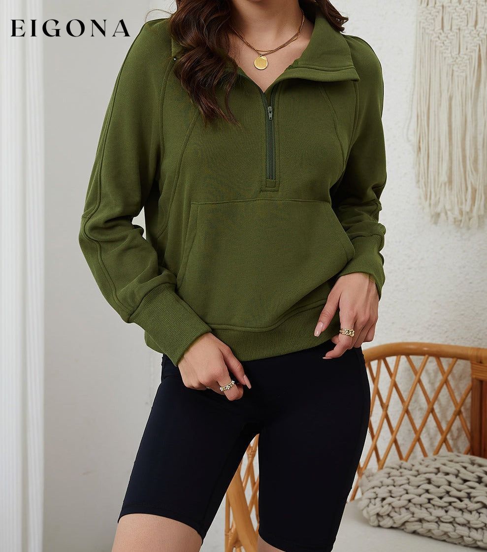 Green Zip Up Stand Collar Ribbed Thumbhole Sleeve Sweatshirt clothes Craft Patchwork Fall To Winter Occasion Daily Outerwear Print Solid Color Season Fall & Autumn Style Casual Sweater sweaters