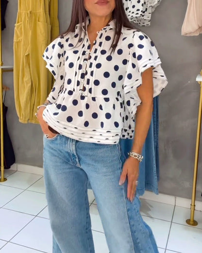 Ruffle Sleeve Polka Dot Babydoll Blouse