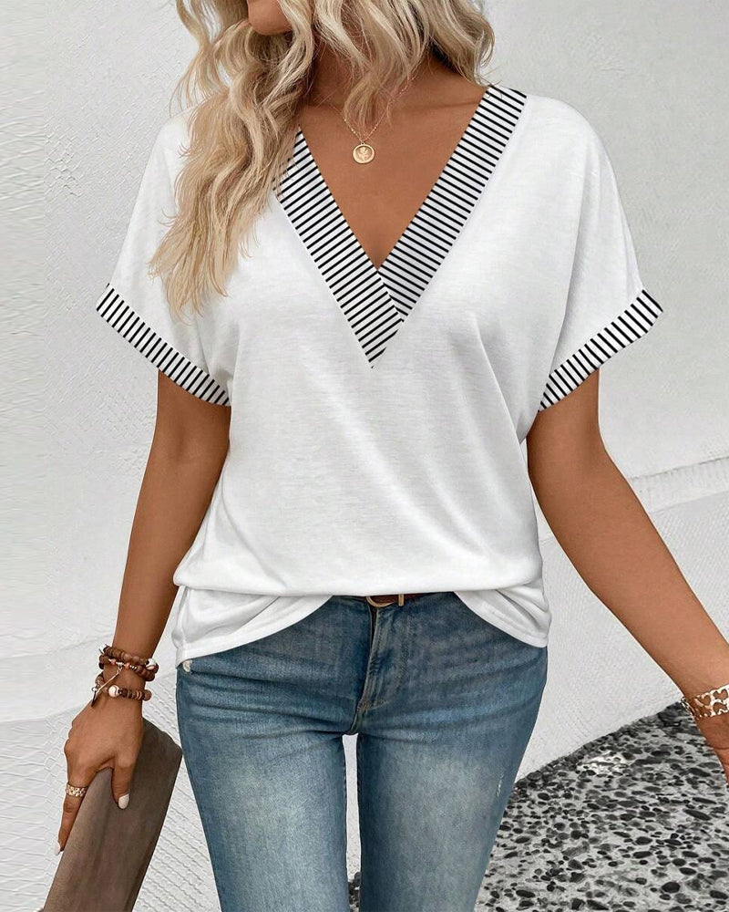 Blusa casual a righe con scollo a V e contrasto