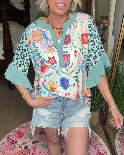 Camicetta con maniche a balze e stampa leopardata