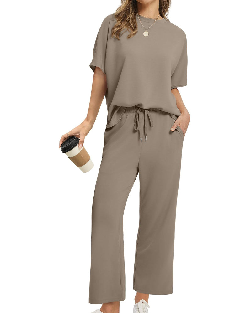 Solid Color Crew Neck Short-Sleeved Suit