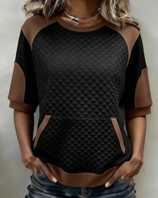 Crew Neck Patchwork Diamond Pattern Blouse blouses & shirts spring summer