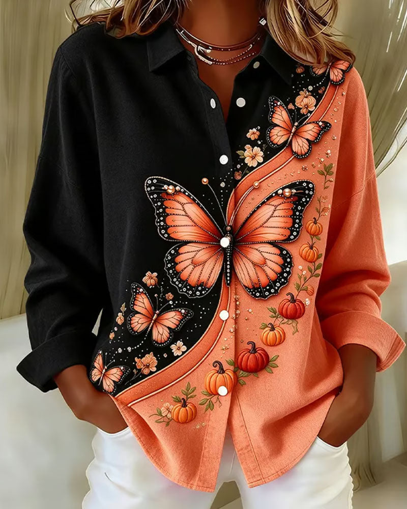 Color-Block Butterfly Print Lapel Shirt 2024 f/w blouses & shirts spring
