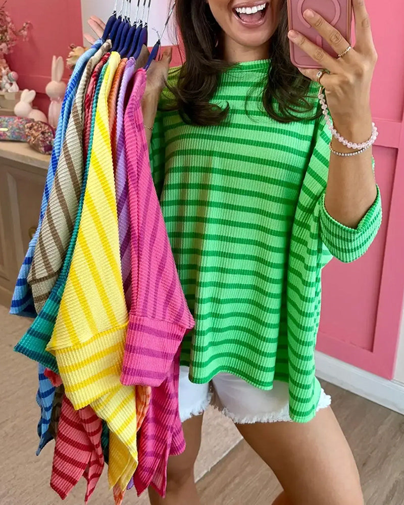 Loose Fit Stripe Slit Batwing Sleeve T-Shirt