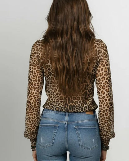 Ruffled V Neck Leopard Print Blouse