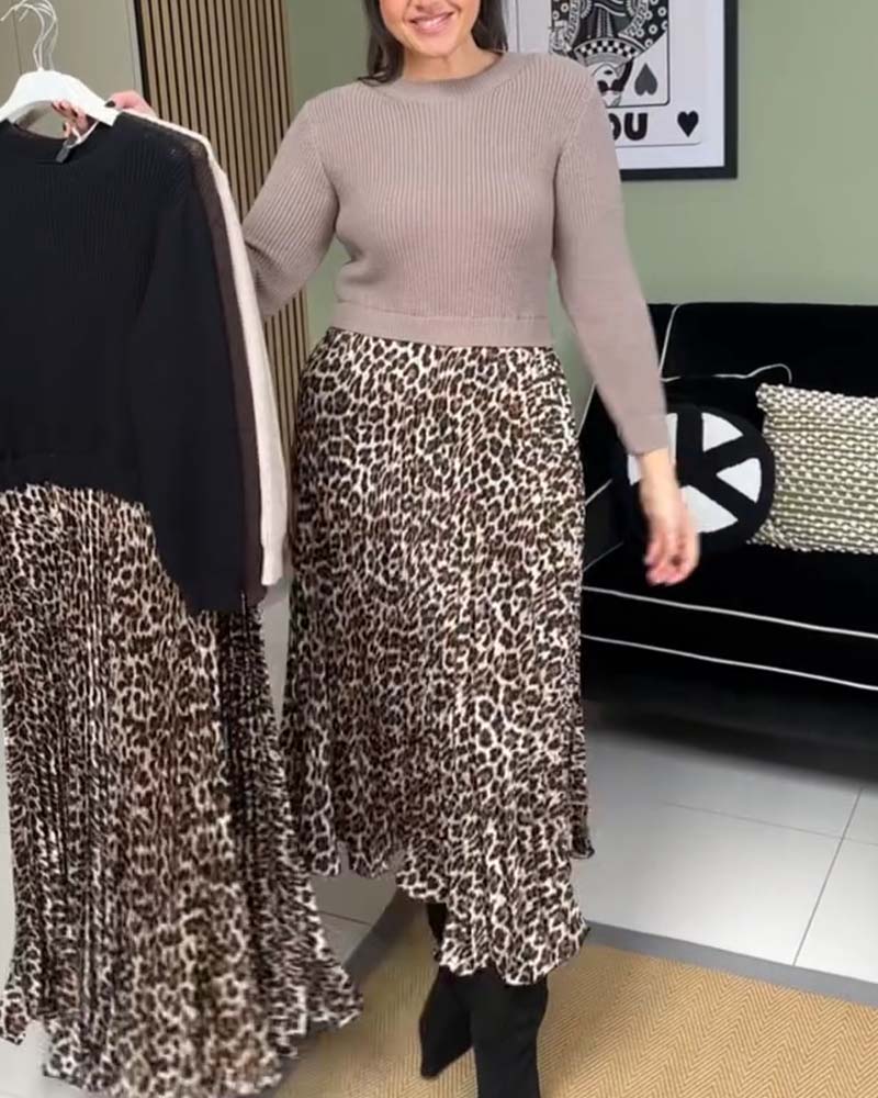 Knitted Sweater With Leopard Print Dress 2024 f/w casual dresses