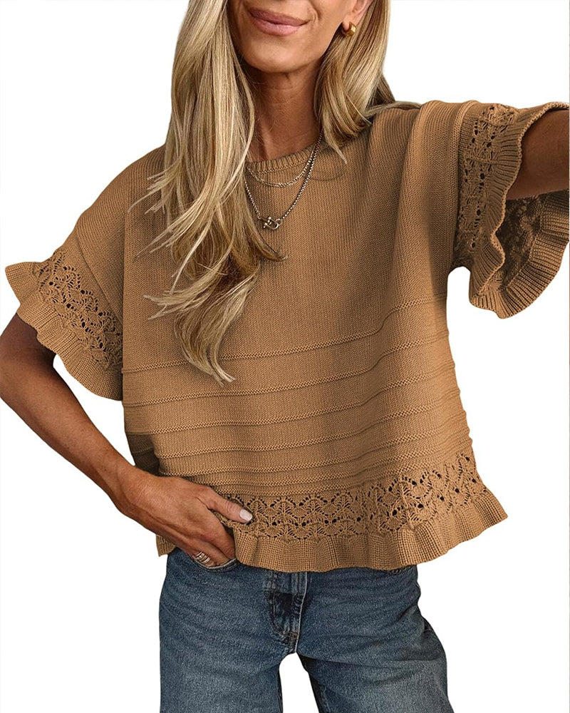 Round Neck Ruffled Hem Hollow Out Blouse