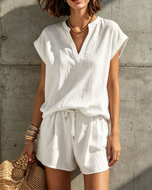 Sleeveless V-Neck Blouse with Drawstring Elastic Waist Pants Set spring summer two-piece sets