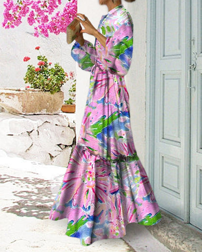 Floral print paneled long-sleeve elegant dress casual dresses spring summer