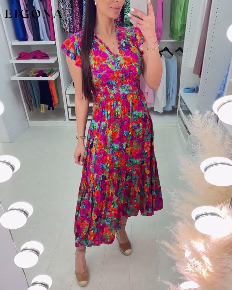 Colorful floral print V-neck elegant dress casual dresses summer