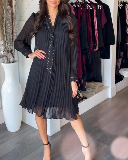 Solid Color V-Neck Ribbon Dress