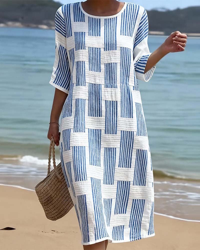 Geometric Stripe Short Sleeve Casual Dress