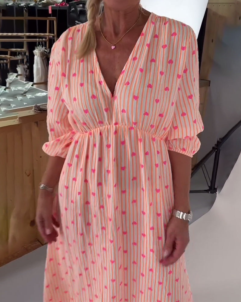 Elegant V-Neck Heart Print Dress