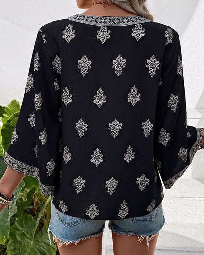 V-Neck Ethnic Loose Blouse