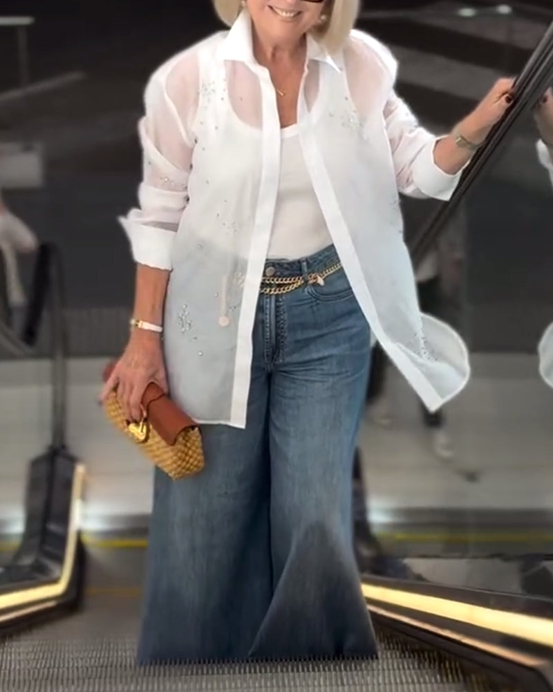 Camicia con risvolto alla moda in tinta unita