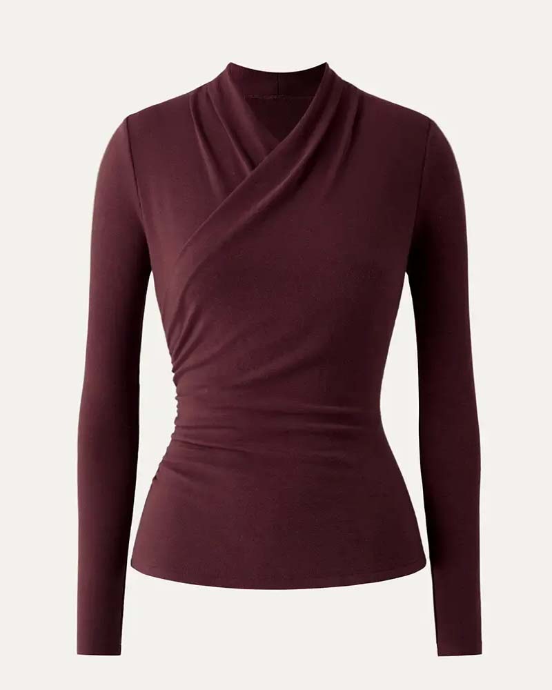 Cross V-neck Pleated Waist Long-sleeve Top
