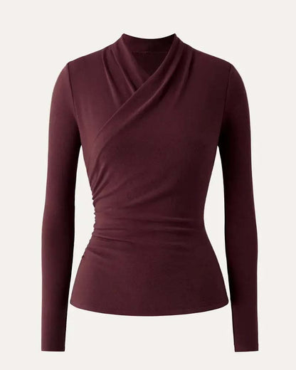 Cross V-neck Pleated Waist Long-sleeve Top