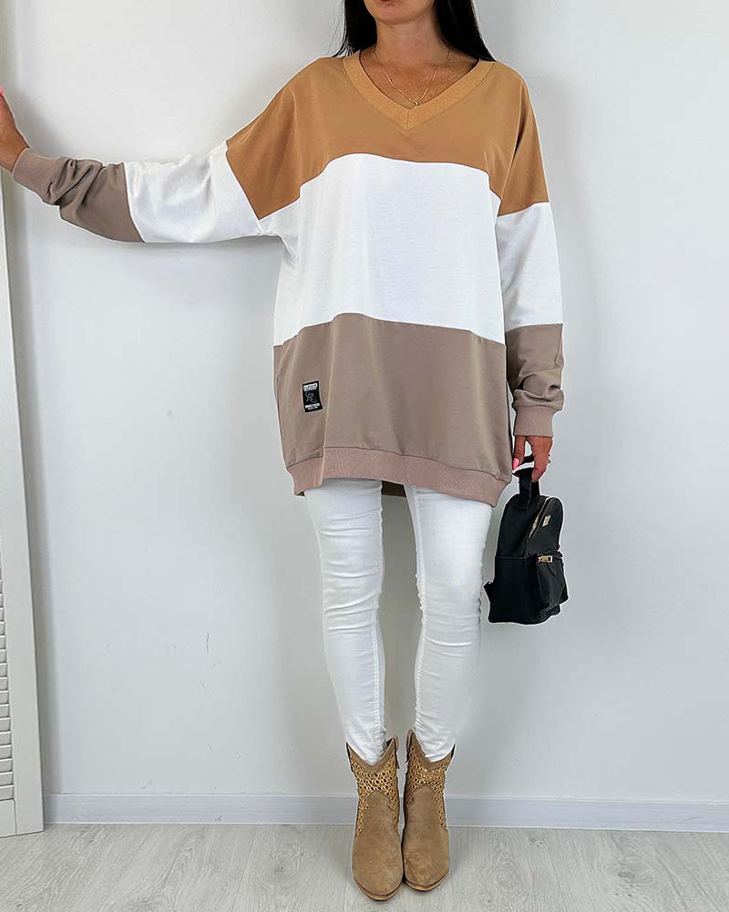 Casual color block printed V-neck loose sweatshirt 2024 f/w spring sweatshirts