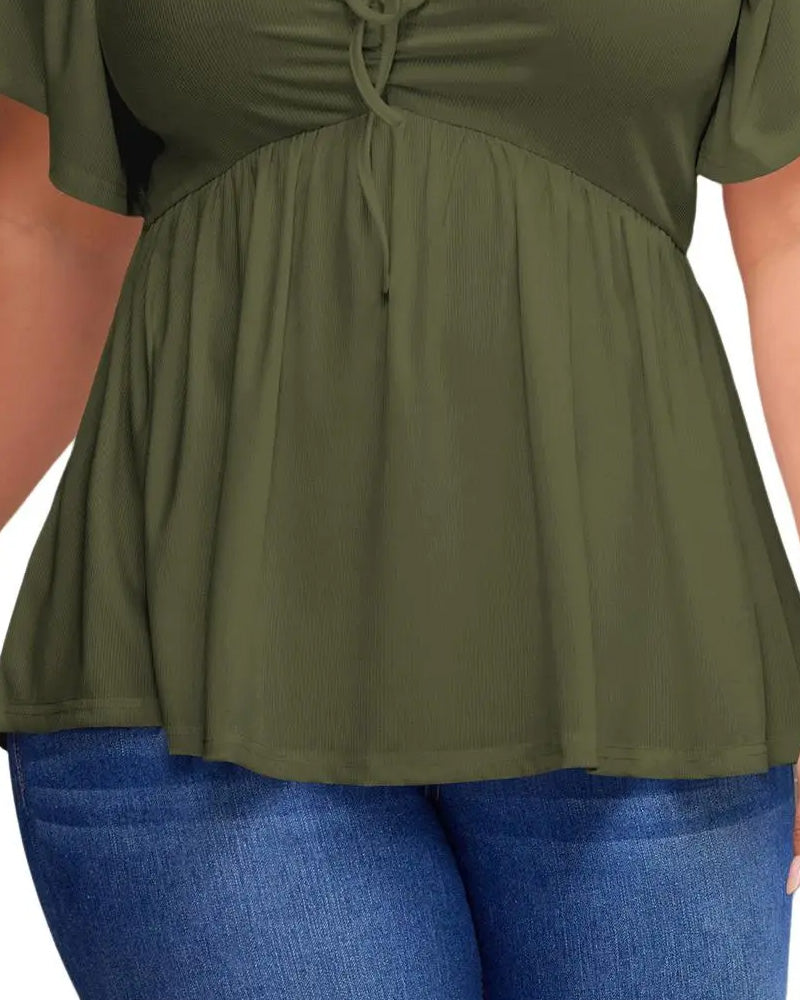 Large Size Square Neck Bubble Sleeve T-Shirt