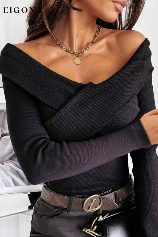 Black Ribbed Crossed V Neck Sexy Casual Long Sleeve Top Black 70%Polyester+25%Cotton+5%Elastane All In Stock clothes Fabric Ribbed long sleeve shirts long sleeve top long sleeve tops Occasion Daily Print Solid Color Season Fall & Autumn shirt shirts Style Elegant top tops