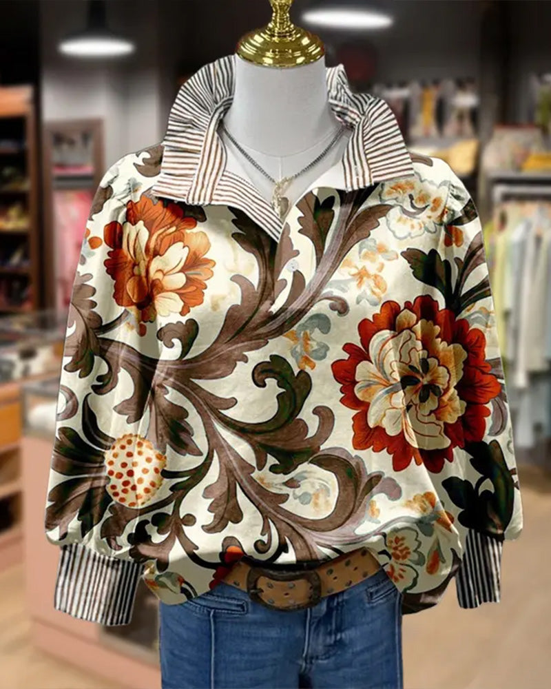 Vintage Floral Patchwork Stripe Lapel Blouse