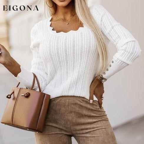 Eyelet Buttoned Long Sleeve Knit Top White clothes Ship From Overseas SYNZ