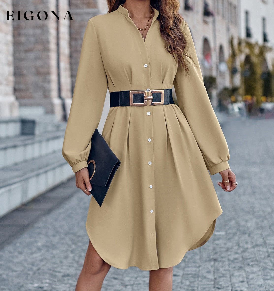 Notched Neck Long Sleeve Dress Khaki casual dresses clothes dress dresses long sleeve dress long sleeve dresses S.N Ship From Overseas short dresses trend