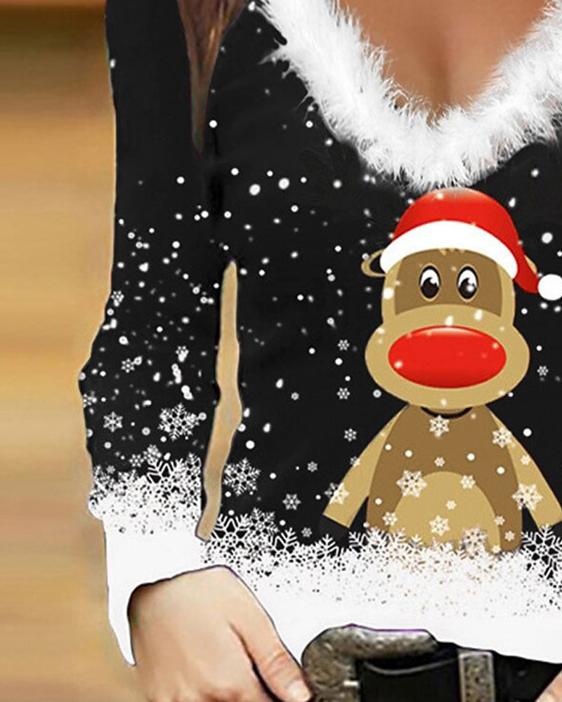 Fur Collar Slim-Fit Printed Top