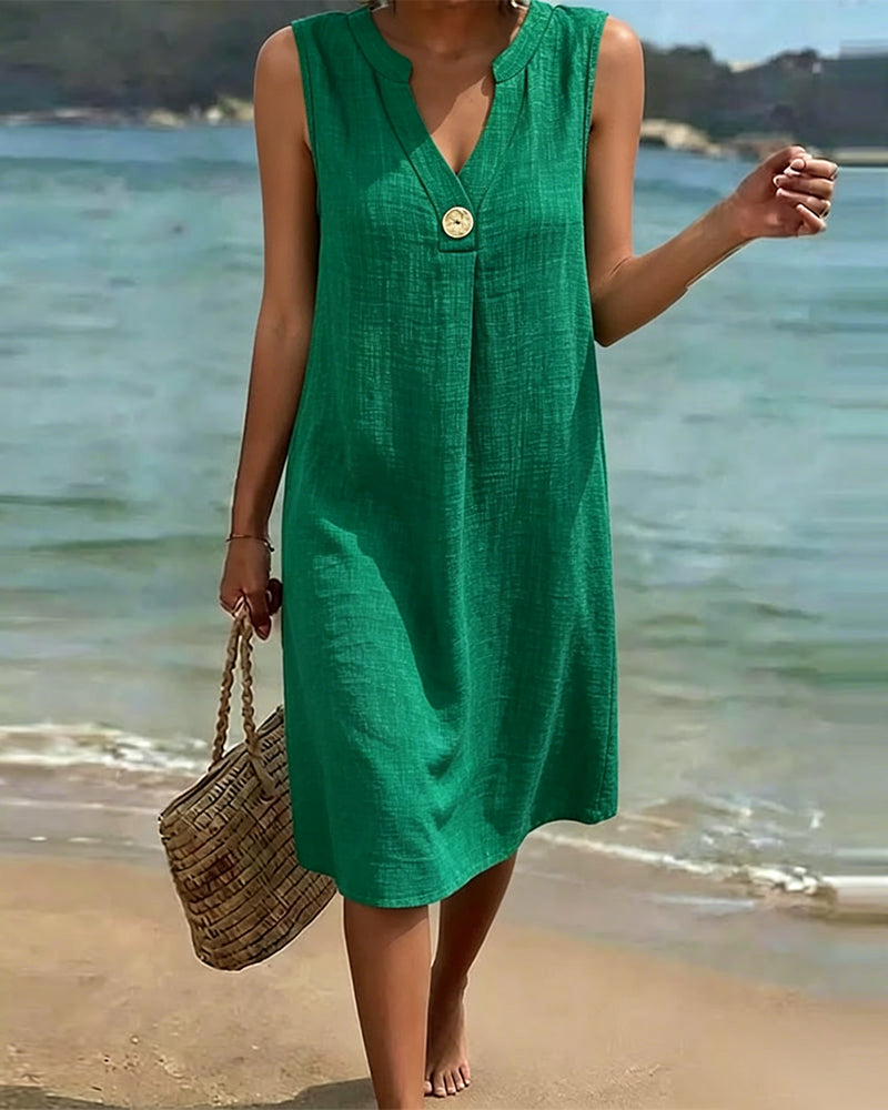 V-Neck Round Button Sleeveless Dress