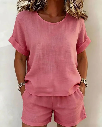 Round Neck Short Sleeve Shorts Set