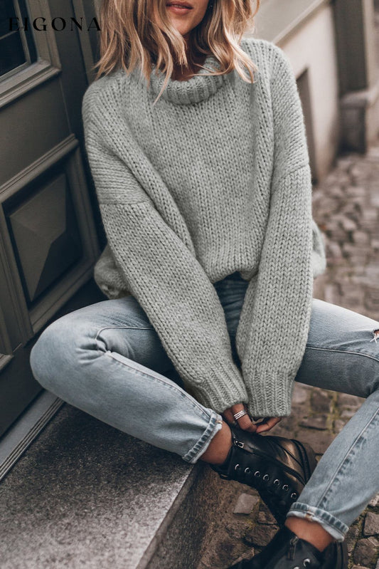 Light Grey Knit Turtle Neck Drop Shoulder Sweater Light Grey 100%Acrylic All In Stock clothes EDM Monthly Recomend grey sweaters Hot picks Occasion Daily Print Solid Color Season Winter Style Casual sweater sweaters