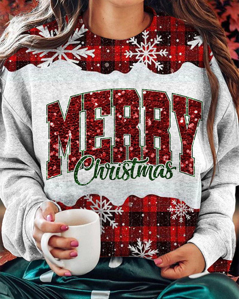 Merry Christmas plaid crew neck casual sweatshirt