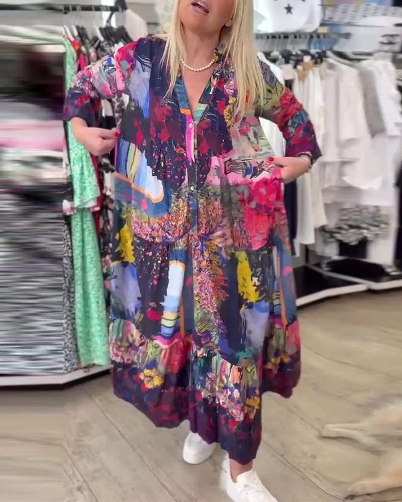 Swing-Kleid mit Trompetenärmeln und lockerem Print