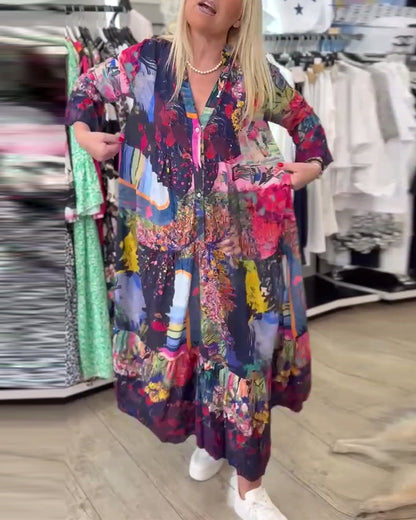 Swing-Kleid mit Trompetenärmeln und lockerem Print