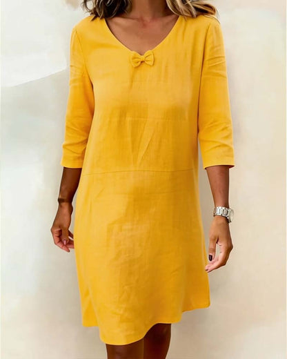 Bow V-Neck Linen Dress