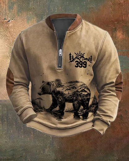 Men's Western Grizzly Print Zip-Up Sweatshirt cute animals hoodies man