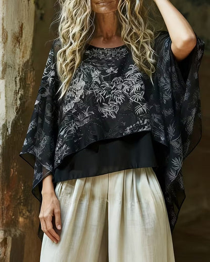Botanical Print Batwing-Sleeve Blouse