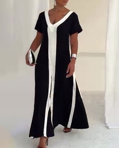 Abito con scollo a V e colori a contrasto