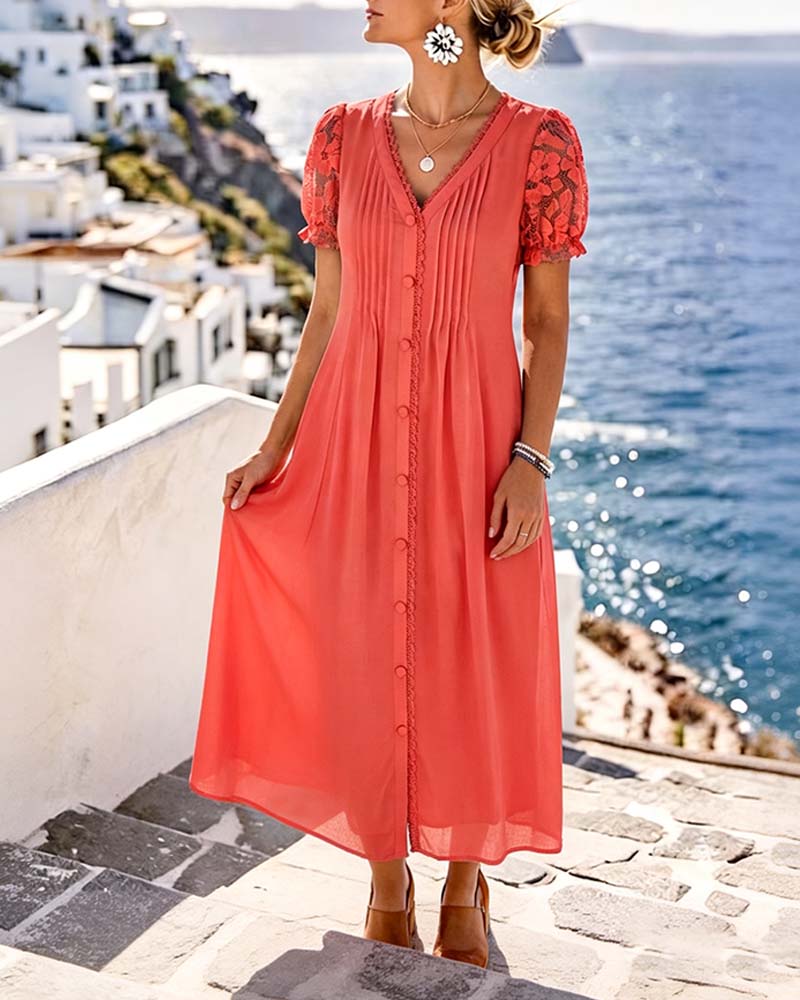 V-Neck Lace-Trimmed Puff Sleeve Dress